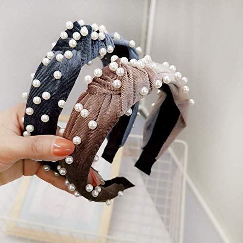 Navy Blue Velvet Headband with Twisted Knot and Faux Pearl Beading