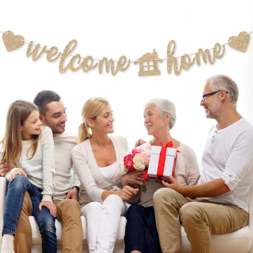 Pre-Strung Welcome Home Banner with Glitter - Champagne Gold