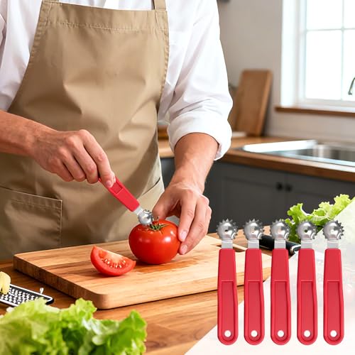 5-Piece Tomato and Strawberry Corer Tool, Red Stainless Steel Stem Remover