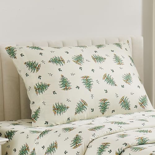 Spode - King Sheets, Cozy 4-Piece Set with Matching Pillowcases, Holiday Room Decor Christmas Tree Ivory, King