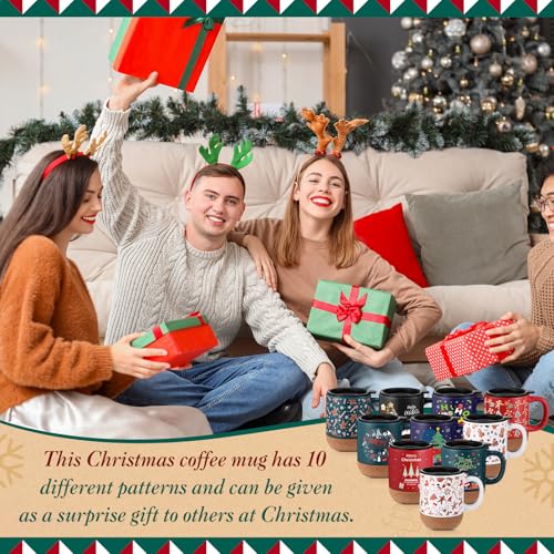 Christmas Ceramic Coffee Mug Set with Cork Bottom Spill Proof Lids - 12oz