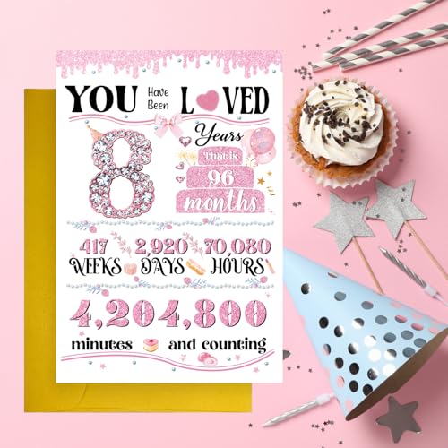8th Birthday Card for Girls - Cute Greeting Card with Gold Foil