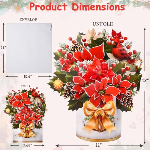 Musical Pop-Up Christmas Card with Lights - 12 Inch Poinsettia Bouquet, Flower Variation
