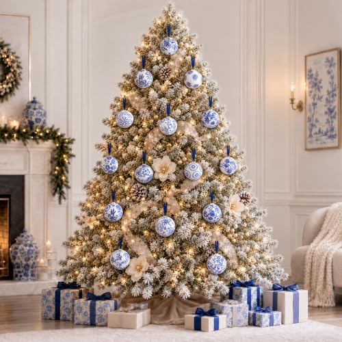 12 Pcs Blue & White Ceramic Chinoiserie Christmas Ornament Balls - 1.57 Inch