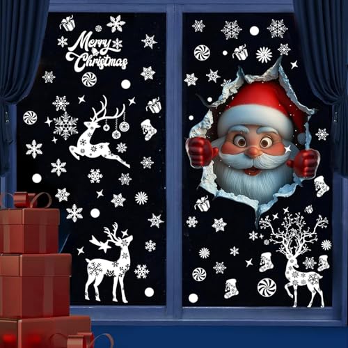 Christmas Window Clings Double Sided 3D Santa Reindeer Snowflake Vinyl Decals - Red White