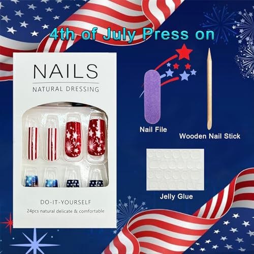 4th of July Medium Coffin Press on Nails - USA Flag & Star Design