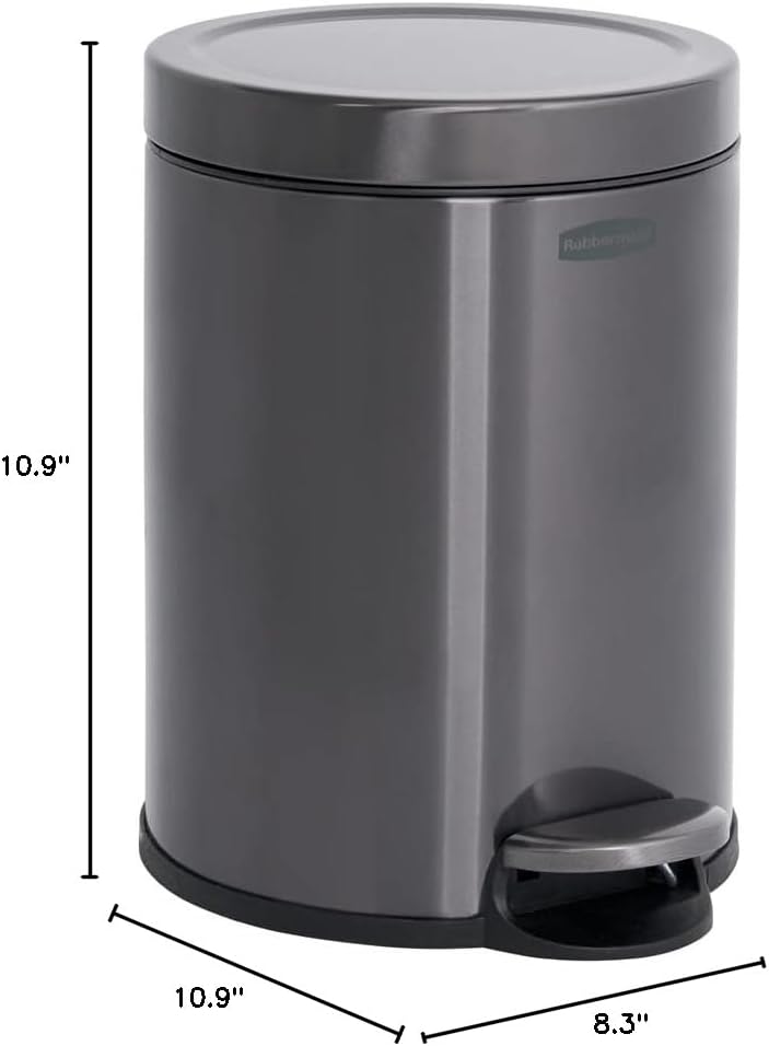 Rubbermaid Stainless Steel Round Step-On Trash Can - 1.6-Gallon Charcoal Wastebasket with Lid for Home & Office