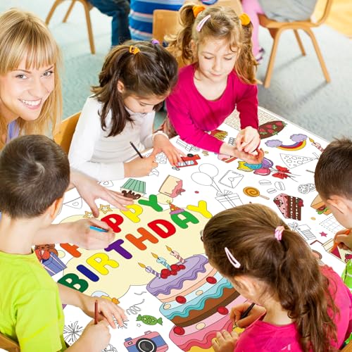 QISOLIY Happy Birthday Coloring Tablecloth, 31 x 71 Inch Giant Paper Poster for Kids Party