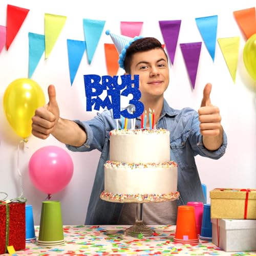 Bruh I'm 13 Blue Glitter Cake Topper Official Teenager Birthday Party