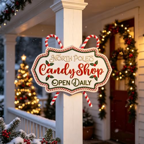 Christmas Metal Wall Sign Candy Shop Xmas Front Door Hanger Decor Holiday Indoor Outdoor 15.75x13.58 - Candy Shop Variation