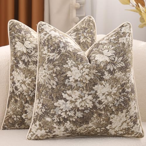 Beige Floral Throw Pillow Covers 18x18 Inches, Pack of 2