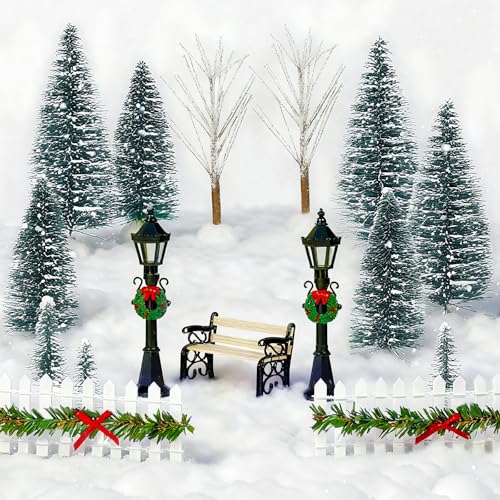Christmas Village Miniature Set with Trees, Lamp Posts & Snow Blanket