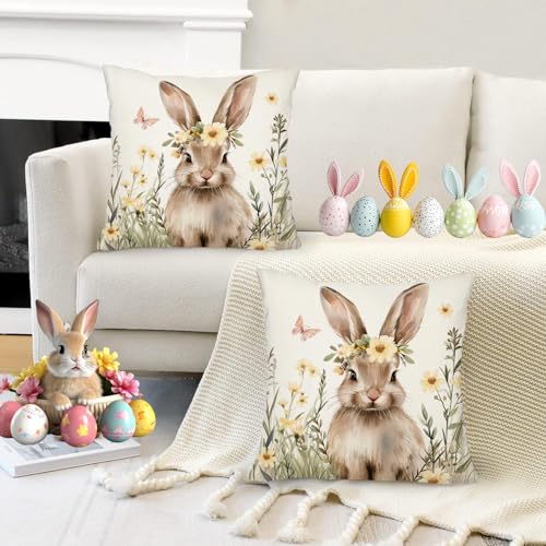 Yellow Easter Pillow Covers Set of 2 18x18 Inches Bunny Spring Decor for Couch & Bed