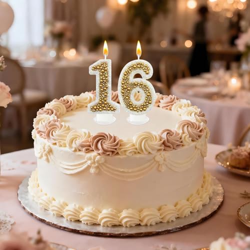 NHJINX Gold 16 Birthday Number Candle for Cake, Glitter Cake Topper