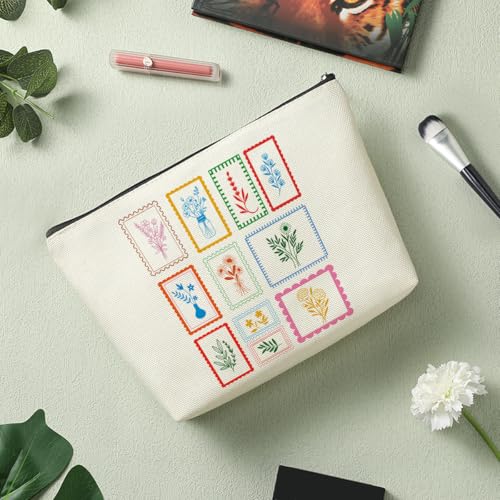 Decohim Boho Floral Postage Stamp Makeup Bag - Cotton Linen Travel Toiletry Pouch