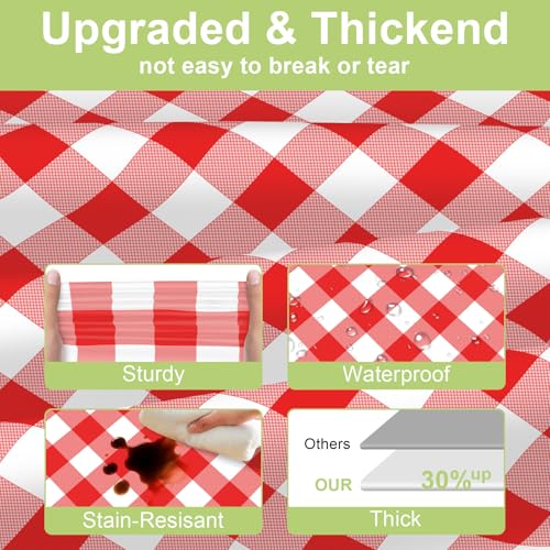 Red Gingham Plastic Tablecloth 3 Pack - Picnic & Party Cover, 54x108 Inches