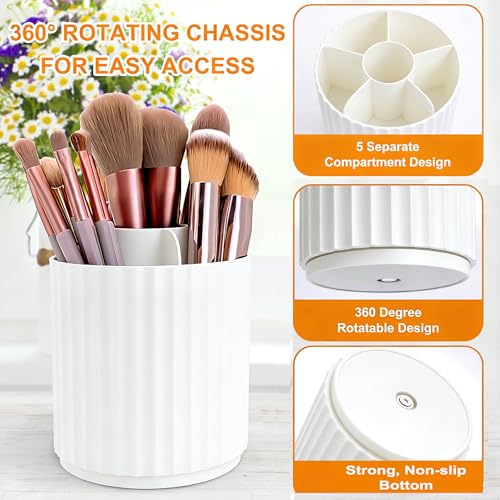 360° Rotating Makeup Brush Holder Organizer with 5 Slots - Dustproof Storage for Beauty Tools
