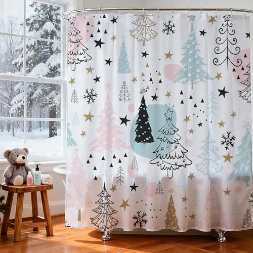 Lindameler Christmas Shower Curtain - Pink Pine Tree Design, 72x72 Waterproof