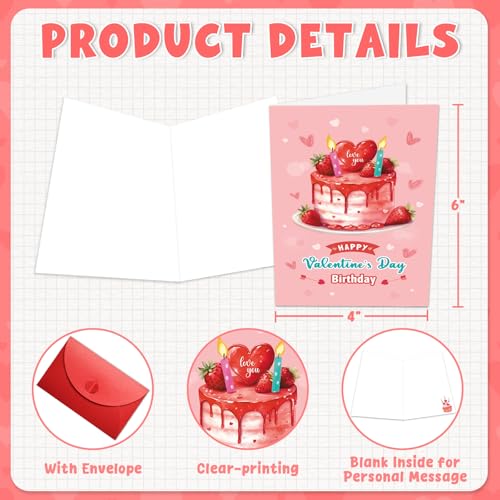 Valentine's Birthday Card with Envelope - Pink Cake Design