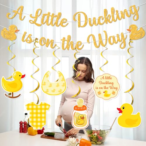 Gold Duck Baby Shower Decorations Set - A Little Duckling Is On The Way Banner & Swirls