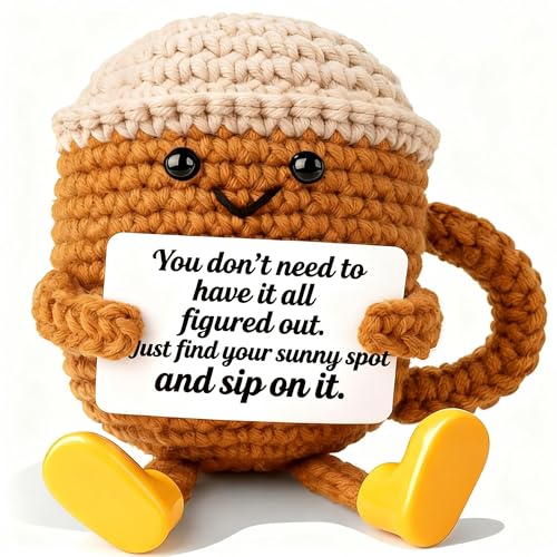 Crochet Coffee Cup Desk Decor with Positive Card - Cute Gift