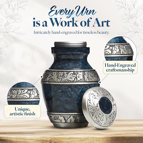 Elegant Mini Keepsake Urn for Ashes - Hand Engraved Blue Aluminum