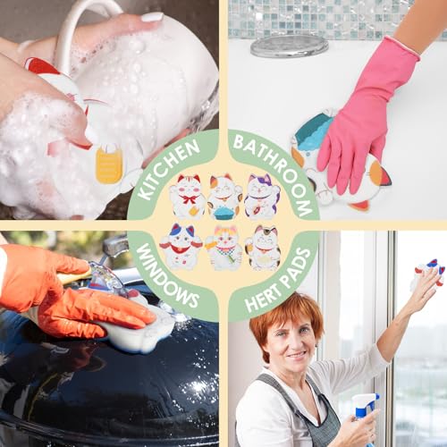 Sunnychicc Lucky Cat Kitchen Sponges - 6 Piece Non-Scratch Scrub Set