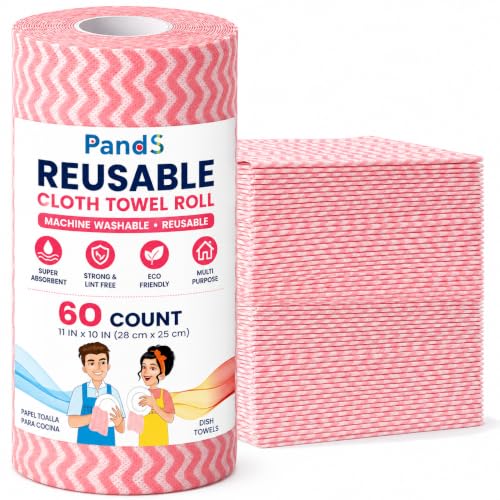 Pink Reusable Paper Towels Roll - Washable Kitchen Cleaning Wipes, 60 Sheets