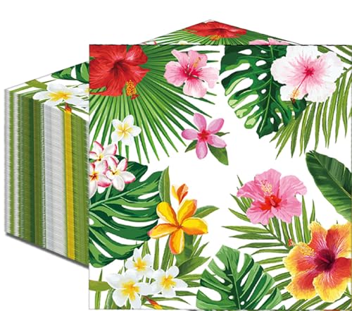 Merriva Tropical Hibiscus & Greenery Paper Napkins, 50 Count, Disposable Summer Party Decor