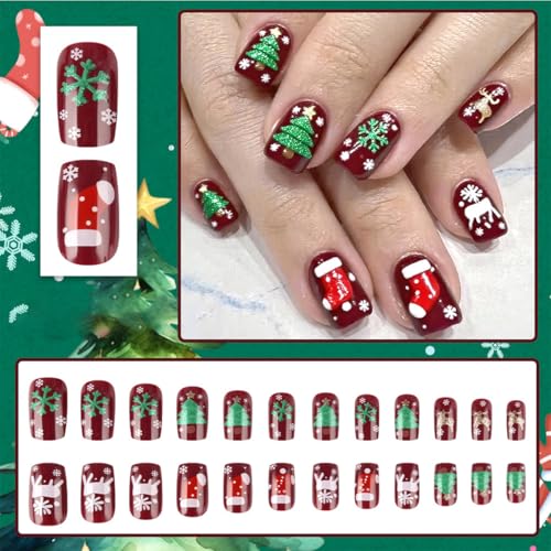 KTAABTR Christmas Press on Nails Short Square Winter Dark Red Fake Nails