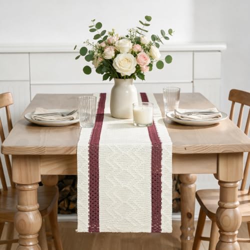 Rustic Woven Table Runner 12x72 Inch - Red Stripe, Durable Cotton Polyester