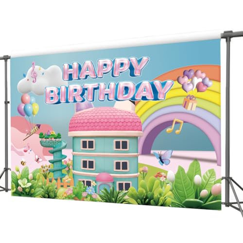 Rainbow Dollhouse Birthday Party Backdrop 5x3ft | Bright Decor