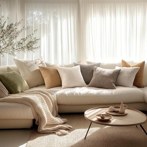 MIULEE 18x18 Cream White Corduroy Throw Pillow Covers - Set of 2