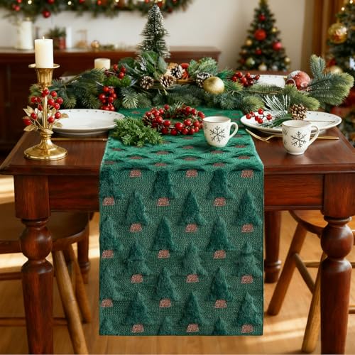 Christmas Table Runner Green Faux Fur Jacquard 13x72 Inch - Festive Holiday Decor - Green B