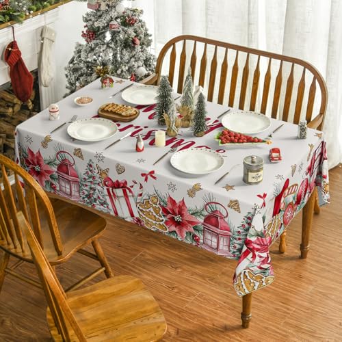 Christmas Tablecloth 60 x 84 Inch Rectangular Gifts and Trees Red - Holiday Decor