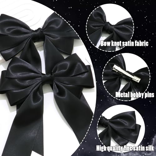 Black Satin Hair Bow Clips 2PCS Oversize Long Tail French Barrette