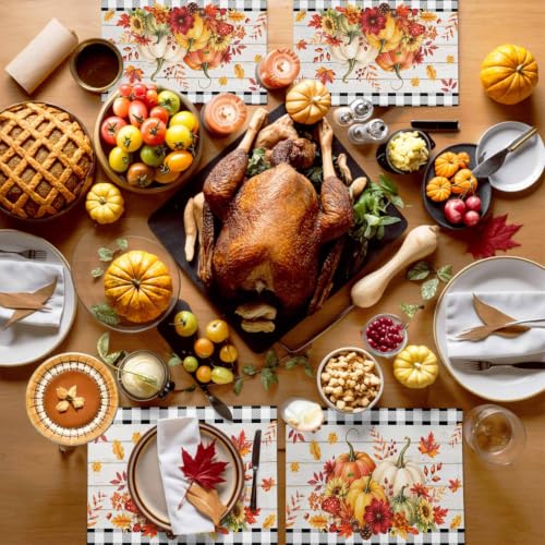 Fall Placemats Set of 6 - Orange and Black Farmhouse Table Mats with Pumpkin Design