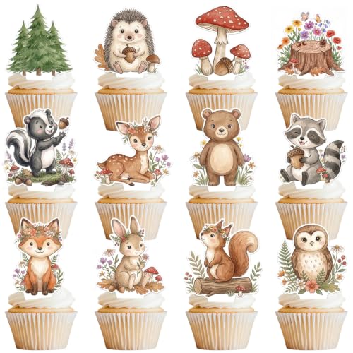 Woodland Baby Shower Cupcake Toppers 36 Pieces, Forest Animal Decor, Pre-Assembled