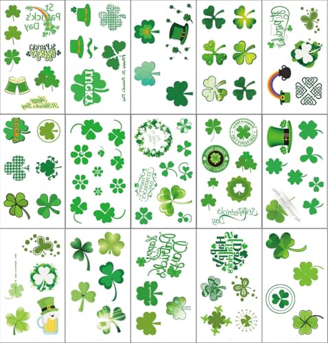 St. Patrick's Day Temporary Tattoos - 15 Sheets Shamrock Face Stickers