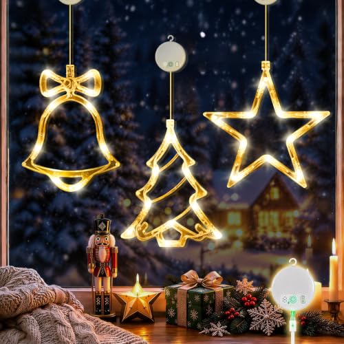 Rechargeable Christmas Window Lights with Bell Tree & Star Designs - Warm White, 3 Pack