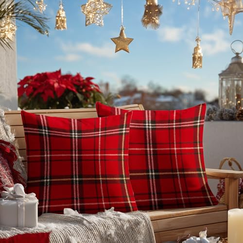 HOMETITUTE Set of 2 Christmas Rustic Plaid Throw Pillow Covers 18x18 Inch - Variation #04