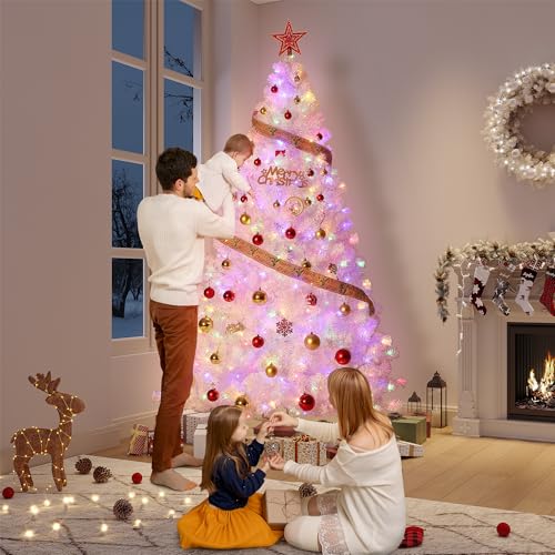 4ft 6in Prelit White Artificial Christmas Tree with 150 Warm White Lights, Snow Flocked, Foldable Base, Holiday Decor