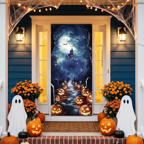 Halloween Pumpkin Castle Door Cover - 35x79 Inch Spooky Banner