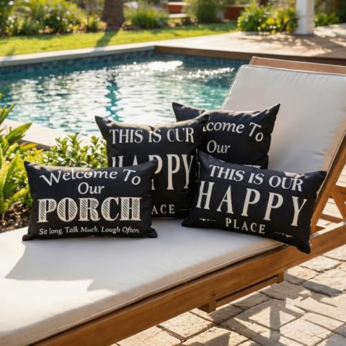 JOJOGOGO Happy Place Outdoor Pillow Covers 18x18, Waterproof Set of 2
