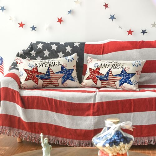 4th of July Patriotic Throw Pillow Covers 20x12 Inch - Set of 2