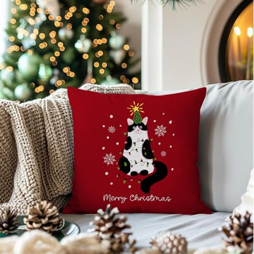 Tuxedo Cat Christmas Pillow Cover 18x18 - Cat Lovers Gift Cat 01