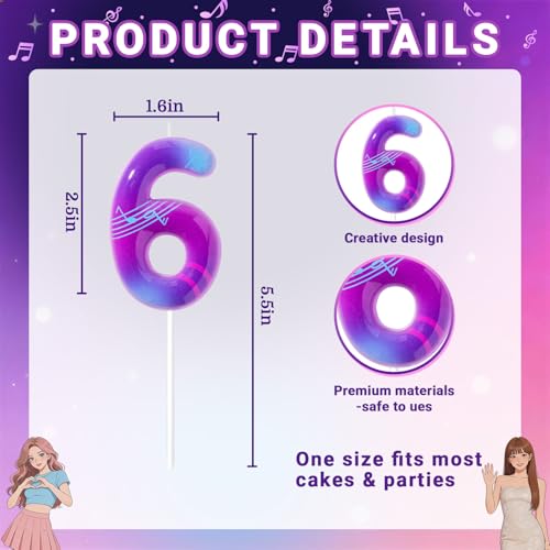 K-Pop Number 6 Birthday Candle - Fun Purple Cake Decoration
