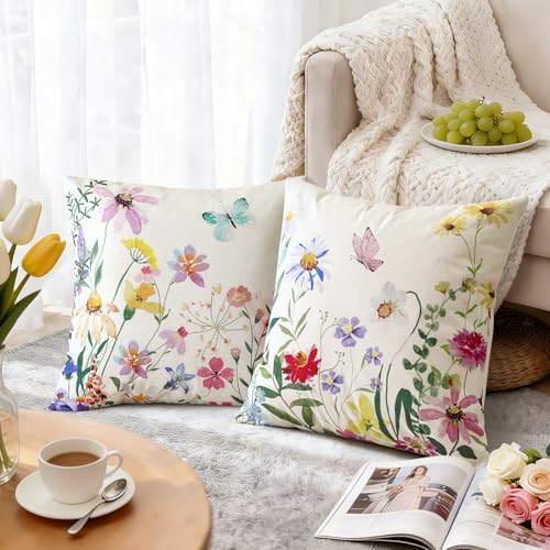 Artscope Floral Throw Pillow Covers Set of 4, 18x18 Inch Spring Decor