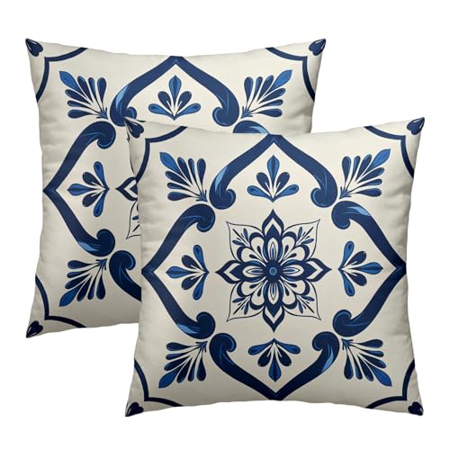 Cafl Mexican Floral Tile Throw Pillow Covers - Set of 2, 18x18 Inch