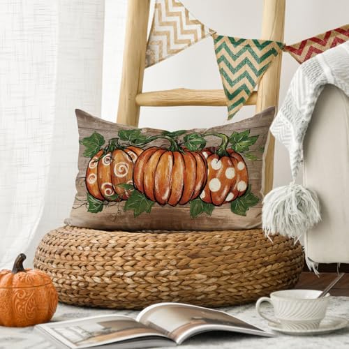 Fall Pumpkin Wood Grain Throw Pillow Cover 12x20 Inch